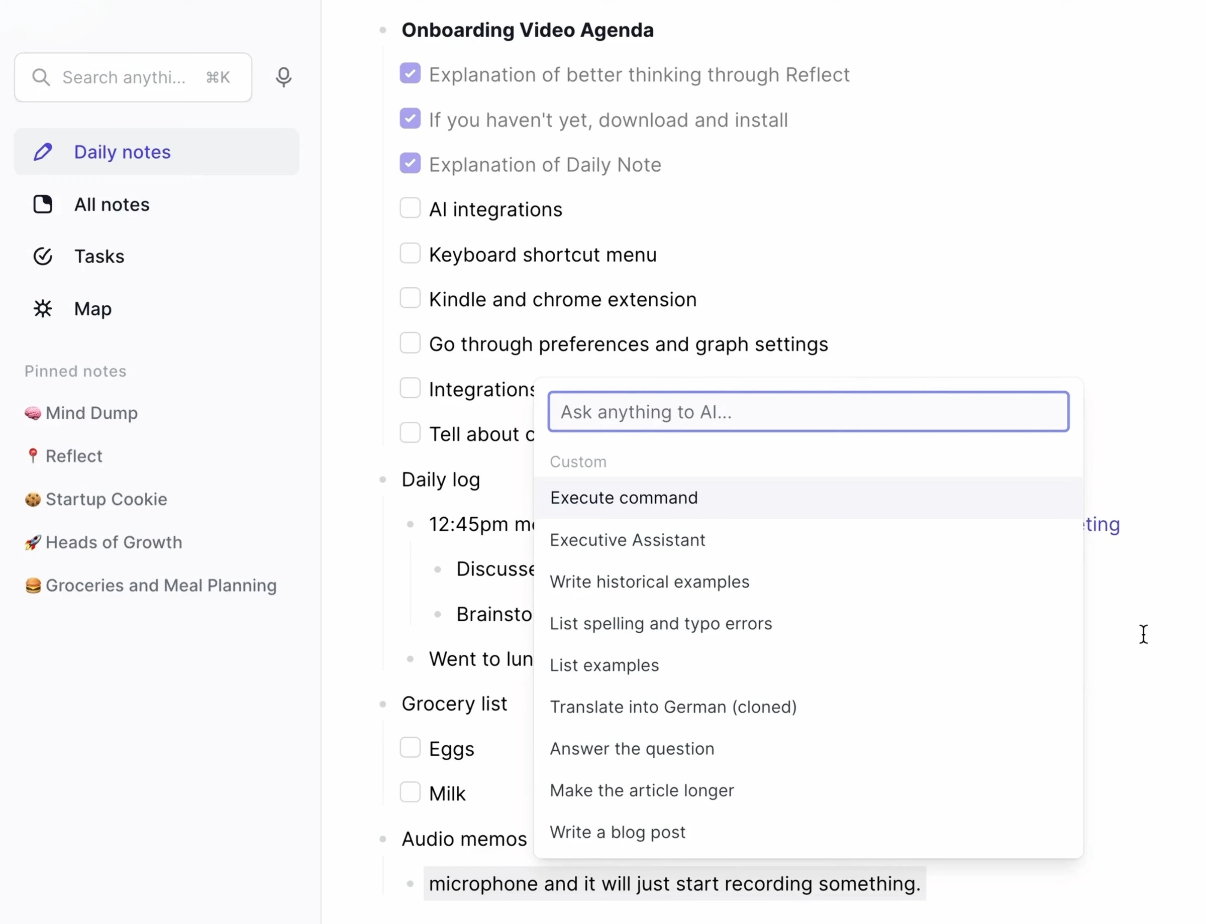 Reflect app daily notes editor view showing clean writing interface with backlinks