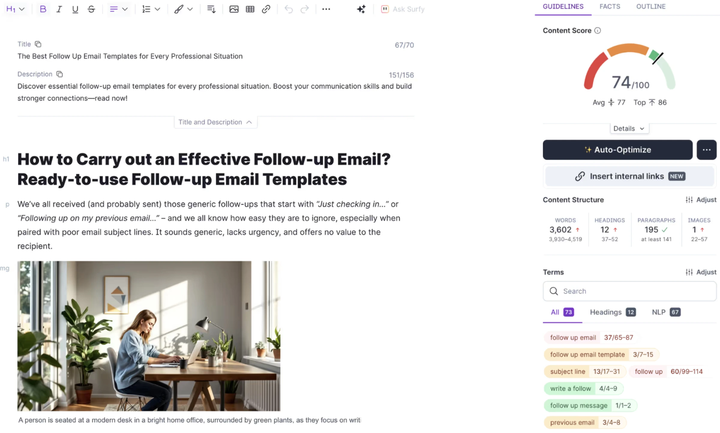 Surfer SEO content editor showing real-time content score, keyword recommendations, and NLP term suggestions for a blog article