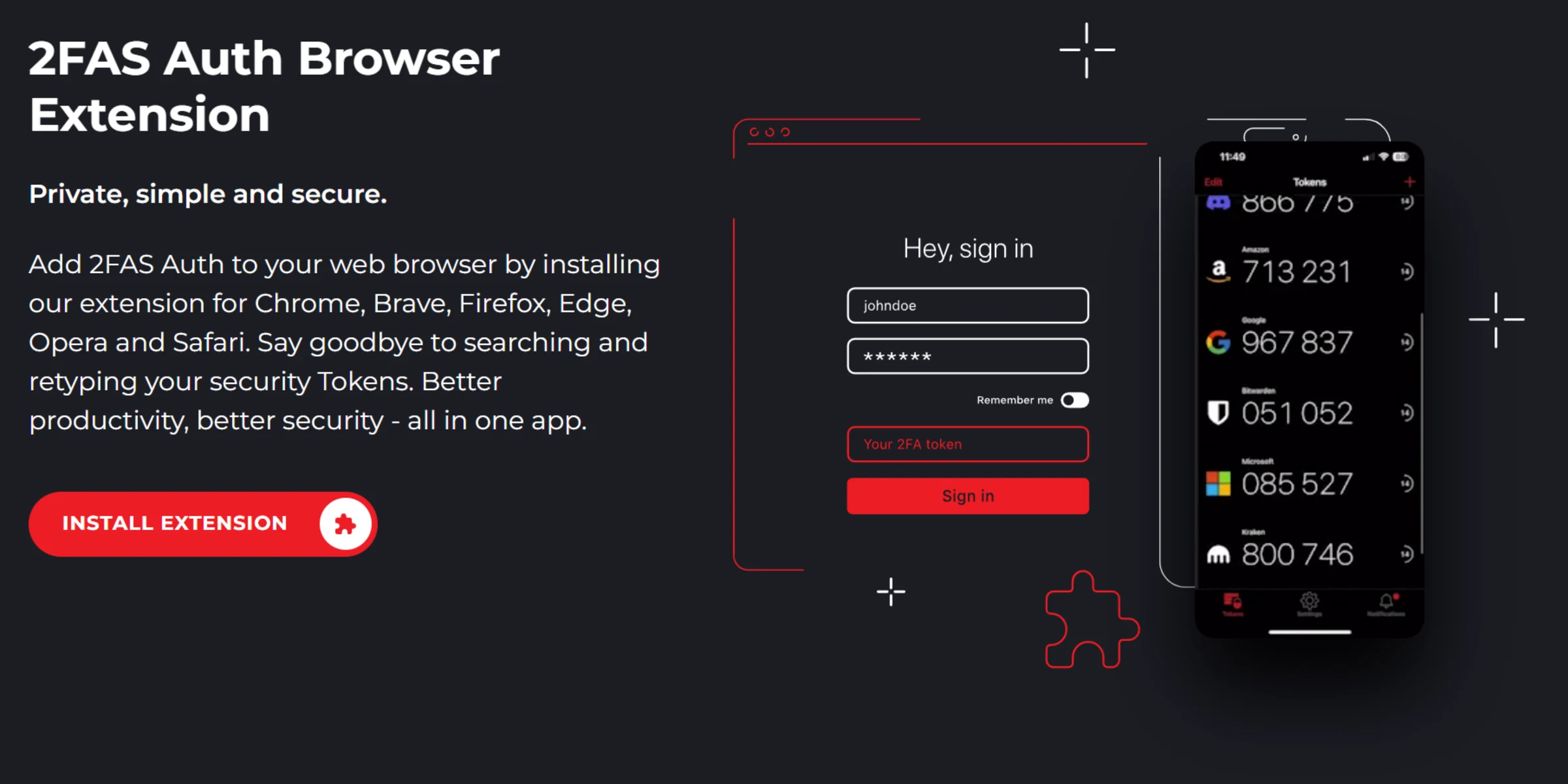 2FAS browser extension page showing desktop login approval flow alongside the mobile authenticator app