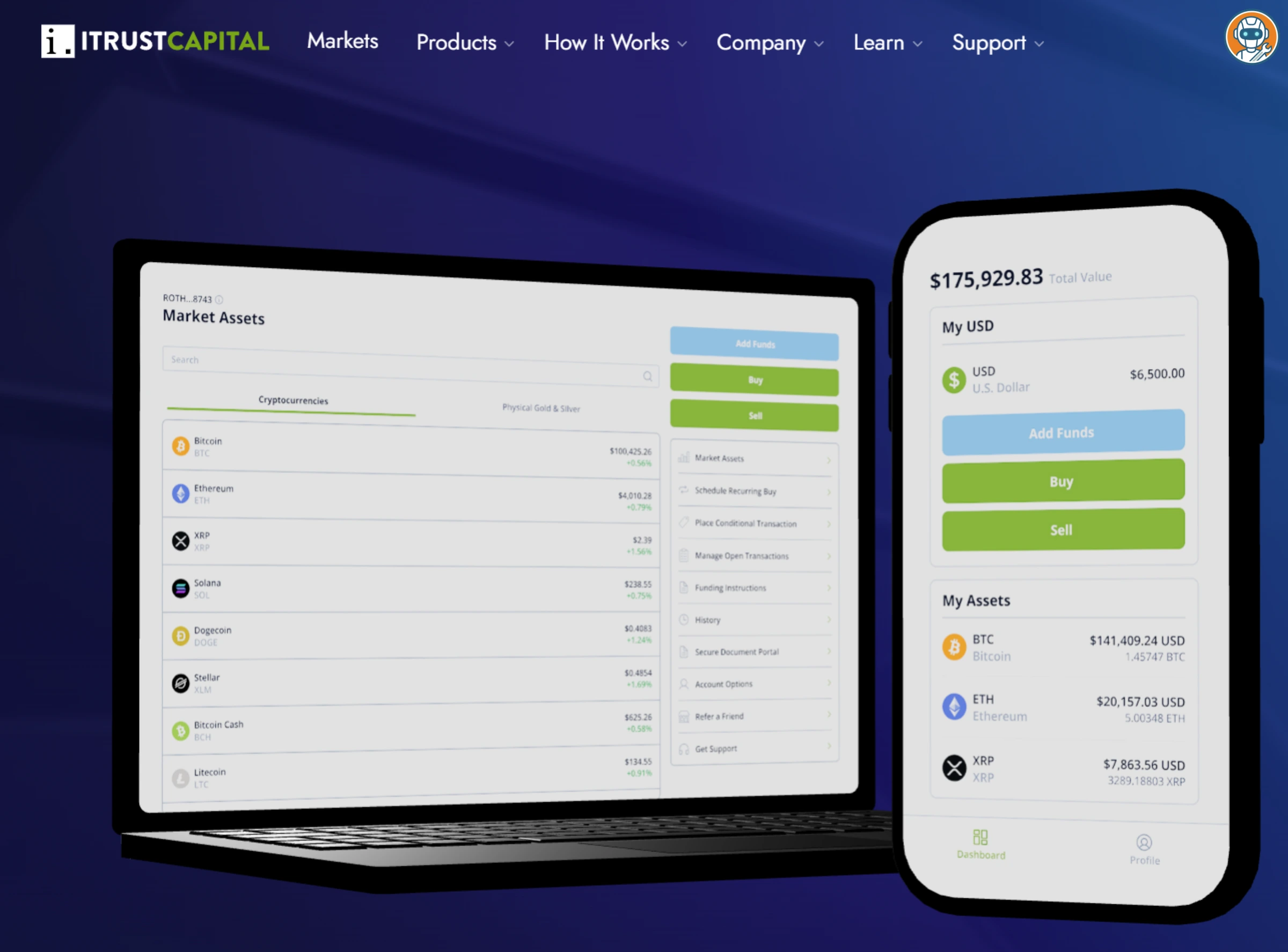 iTrustCapital dashboard showing crypto IRA market assets and portfolio overview