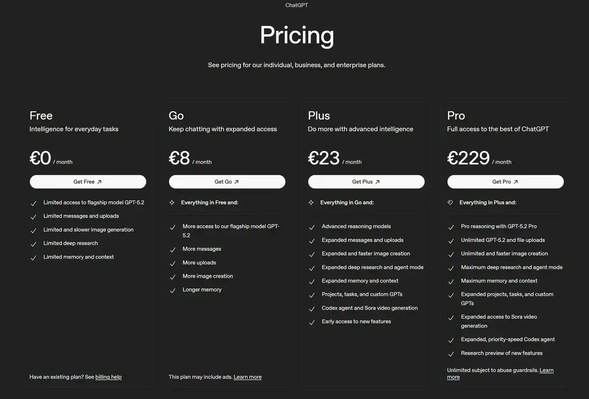 ChatGPT pricing page showing Free, Plus, and Team plan comparison