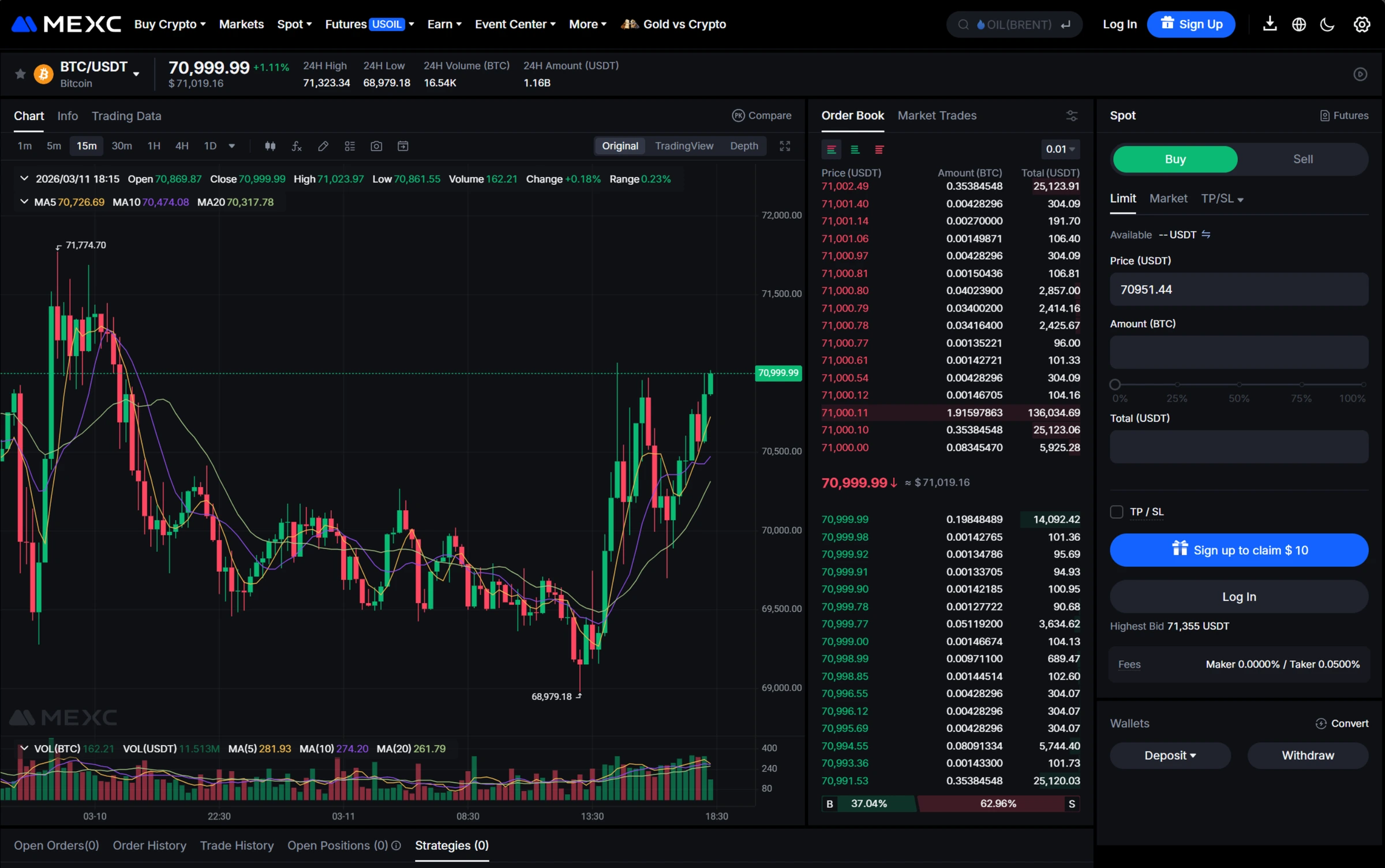 MEXC exchange spot trading interface showing trading pairs and order book