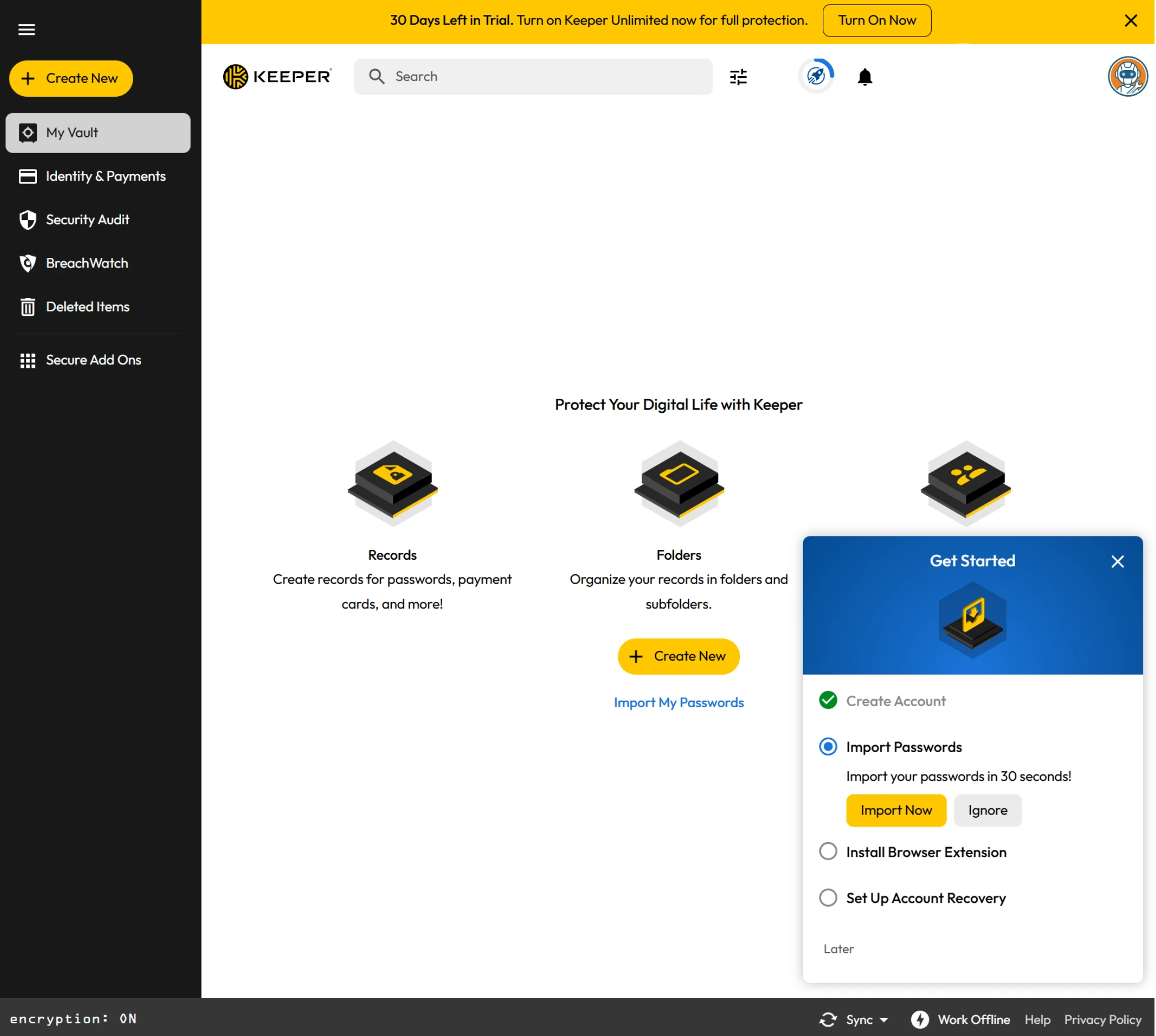 Keeper password manager vault interface showing organized folders and credential entries