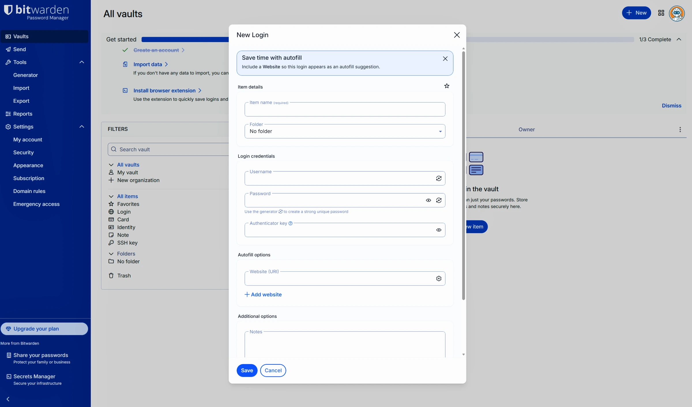 Bitwarden web vault interface showing populated password list with folders and sidebar navigation