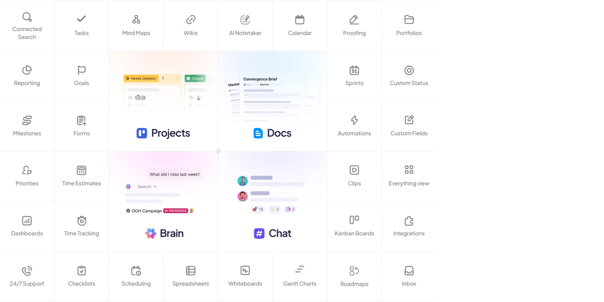 ClickUp dashboard showing multiple project views including list, board, and timeline