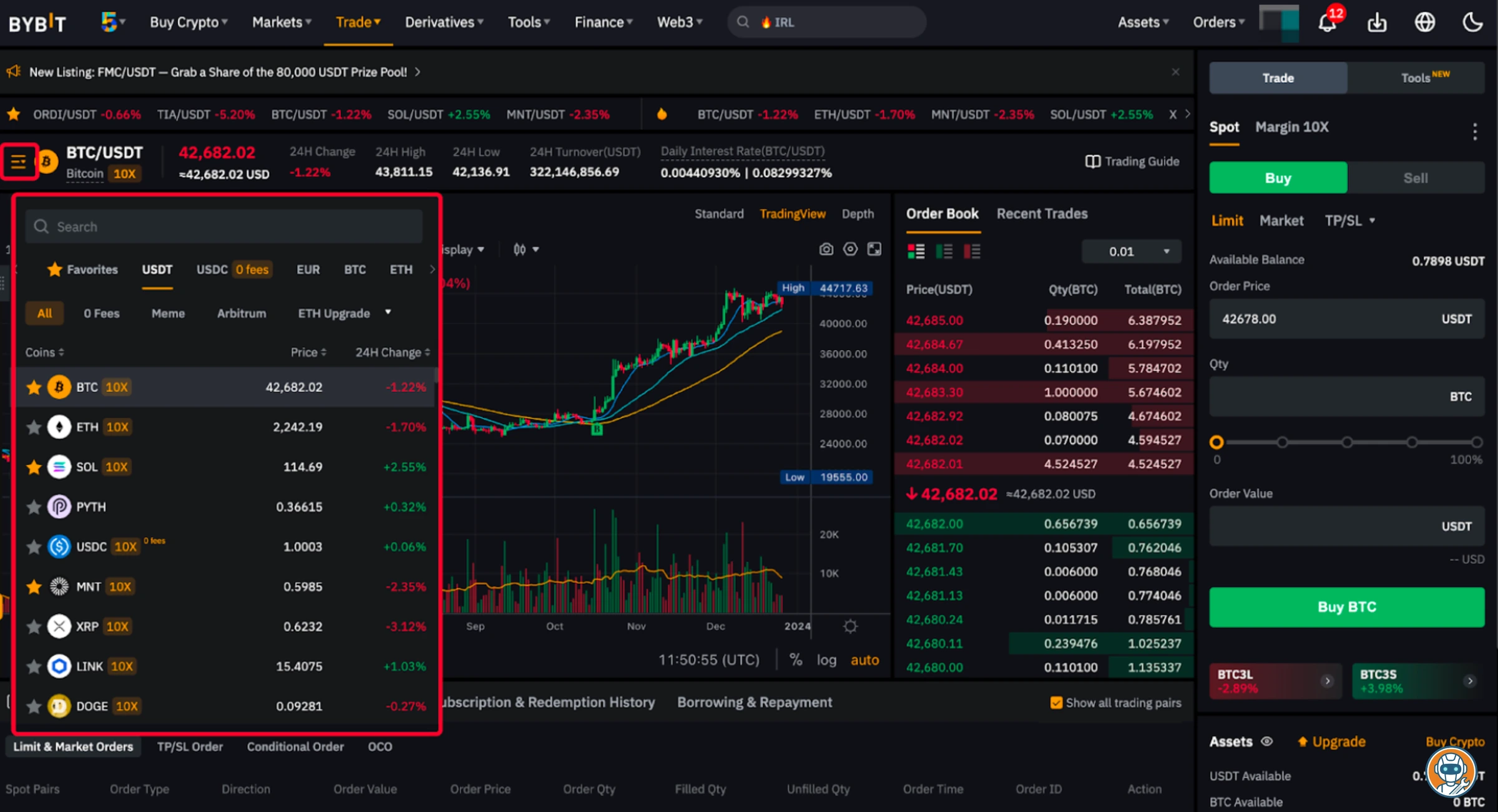 Bybit trading interface showing order book, price chart, and trade execution panel