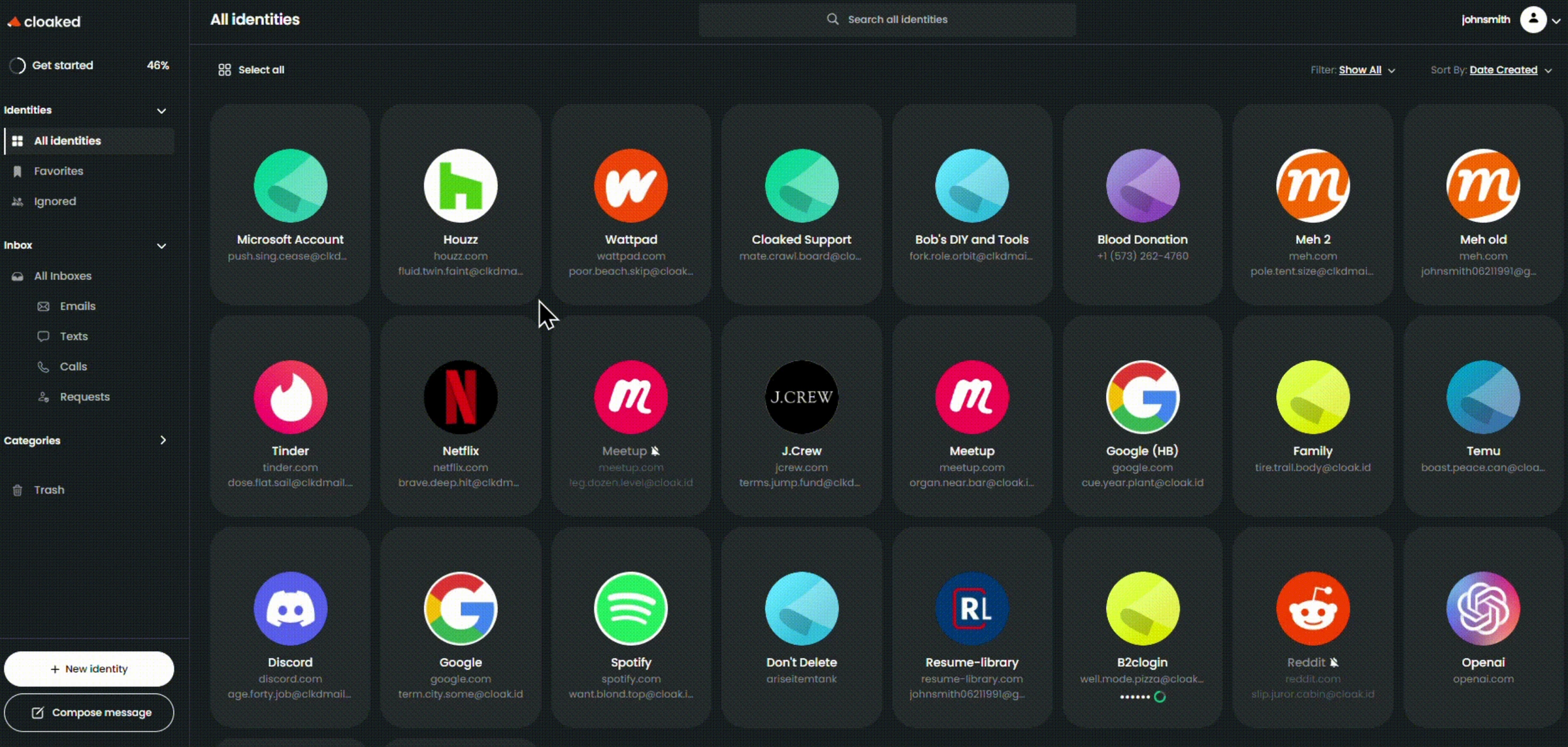 Cloaked app dashboard showing generated email and phone aliases with identity protection overview