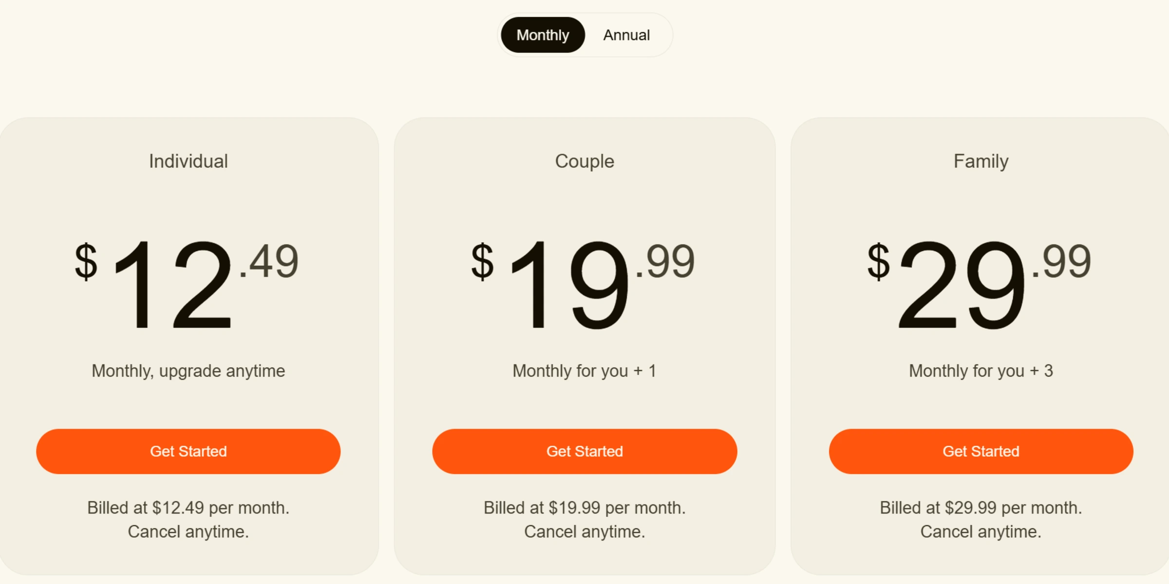 Cloaked pricing page showing Individual, Couple, and Family plans with monthly and annual billing options