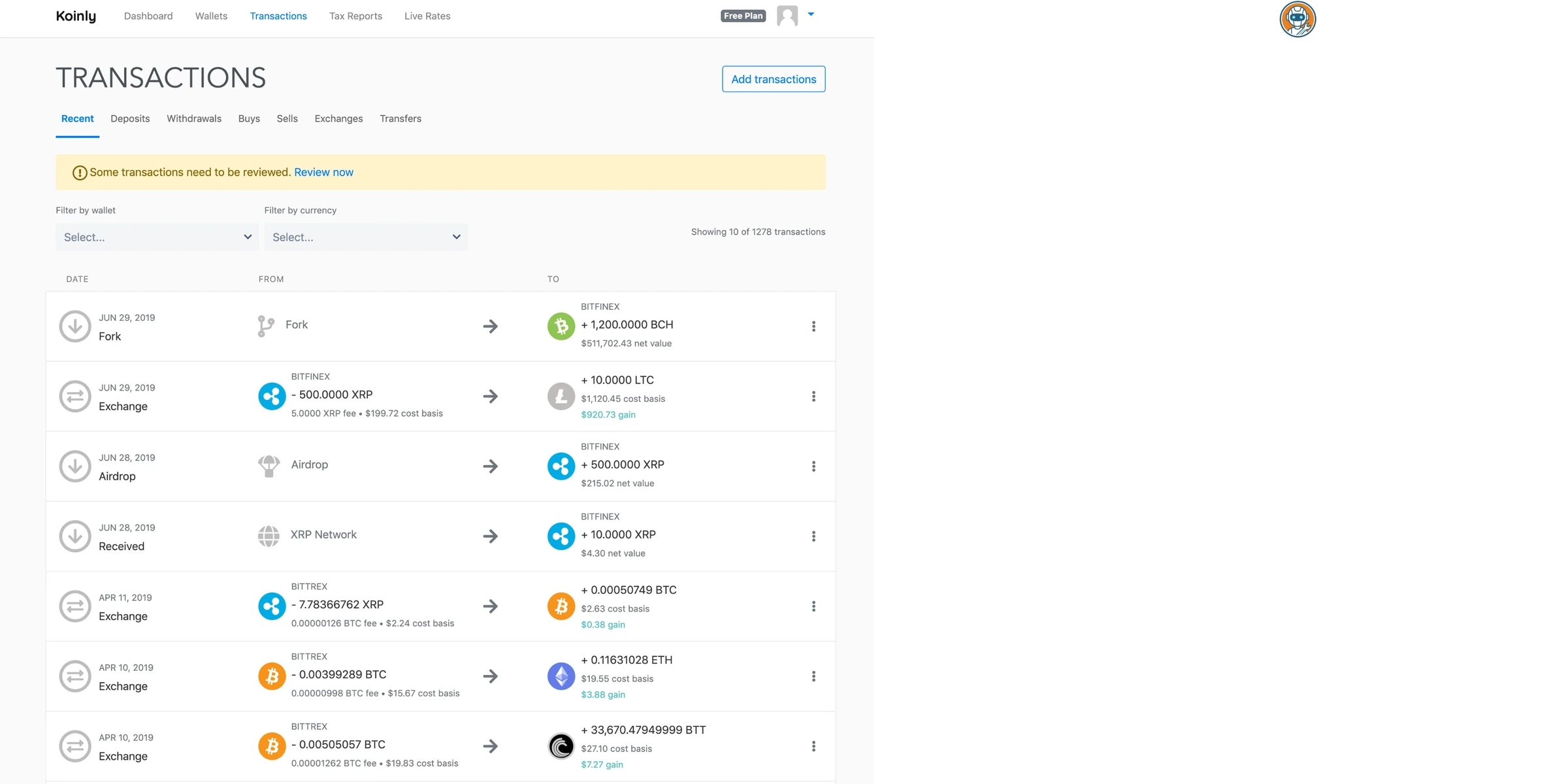 Koinly interface showing imported transactions and DeFi activity