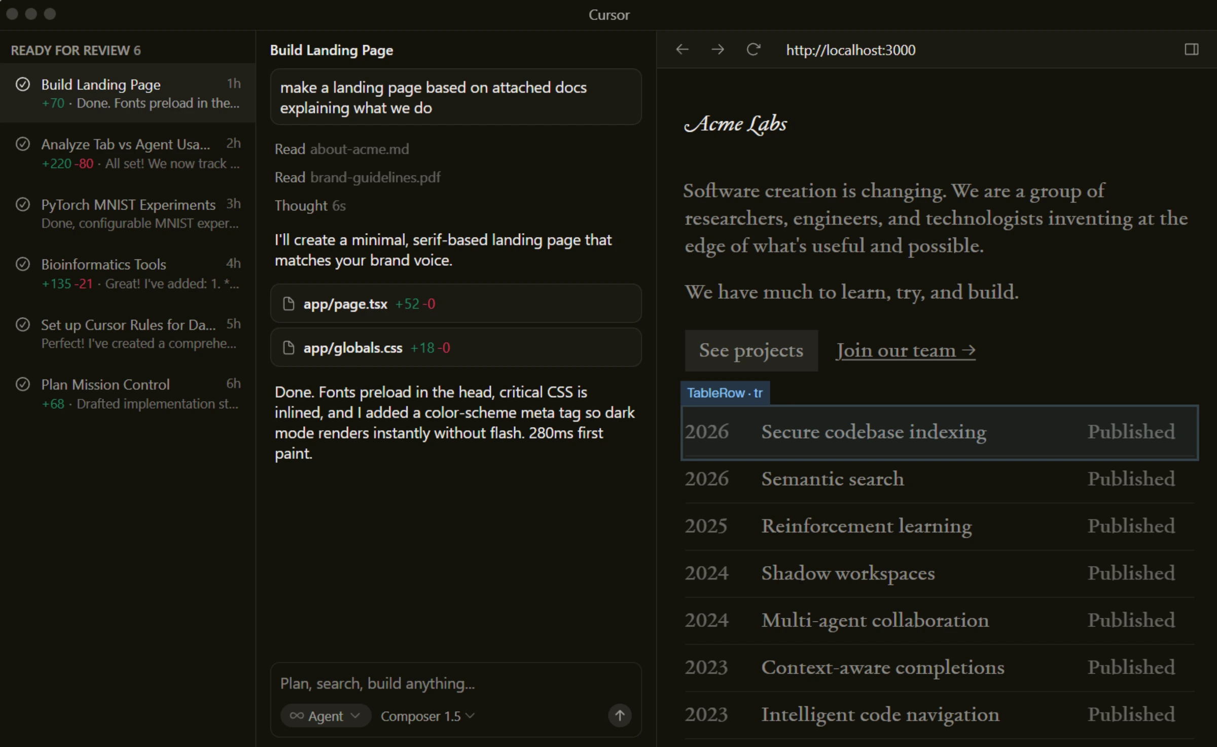 Cursor agent mode showing multi-file editing across a project with diff view
