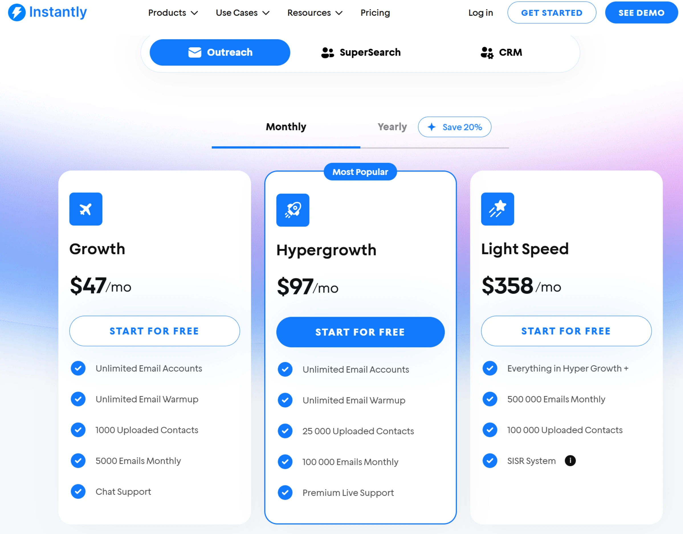 Instantly pricing page showing Growth and Hypergrowth plans with separate add-on and credit options