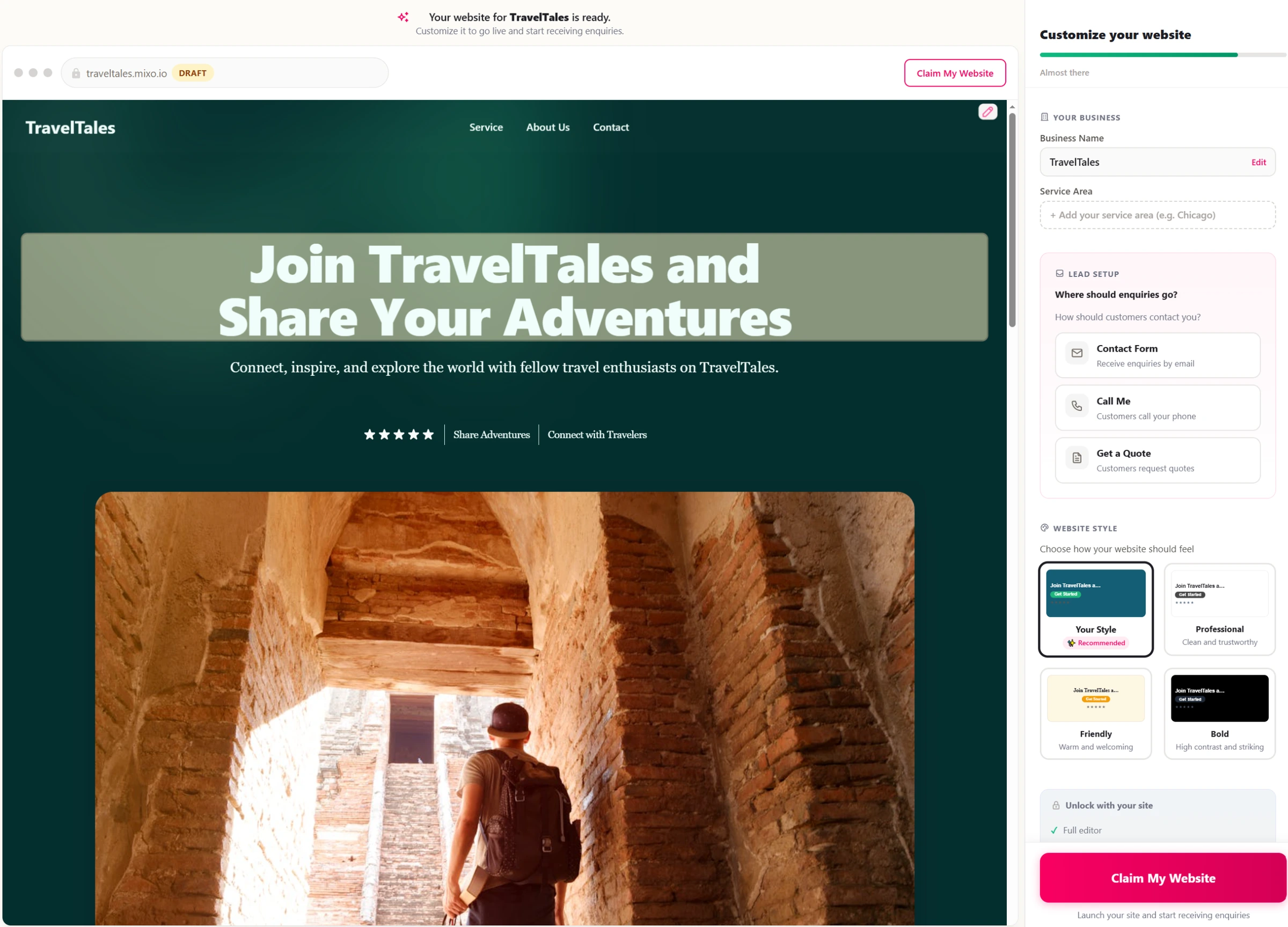 Mixo drag-and-drop editor showing a generated landing page with editable blocks