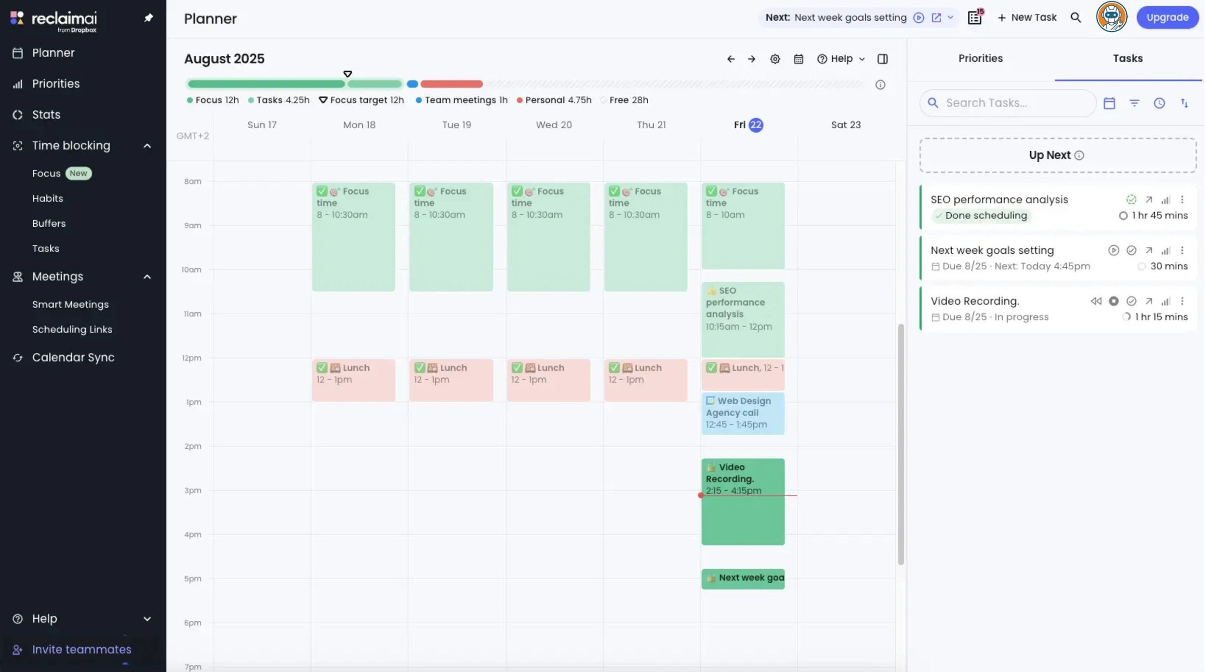Reclaim AI habits dashboard showing active habits with schedules and defense settings