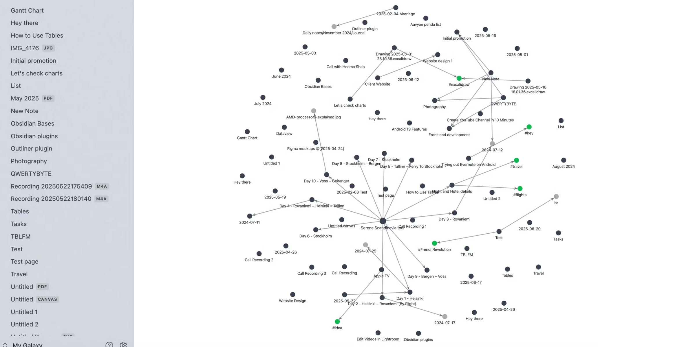 Obsidian vault interface with graph view and linked notes