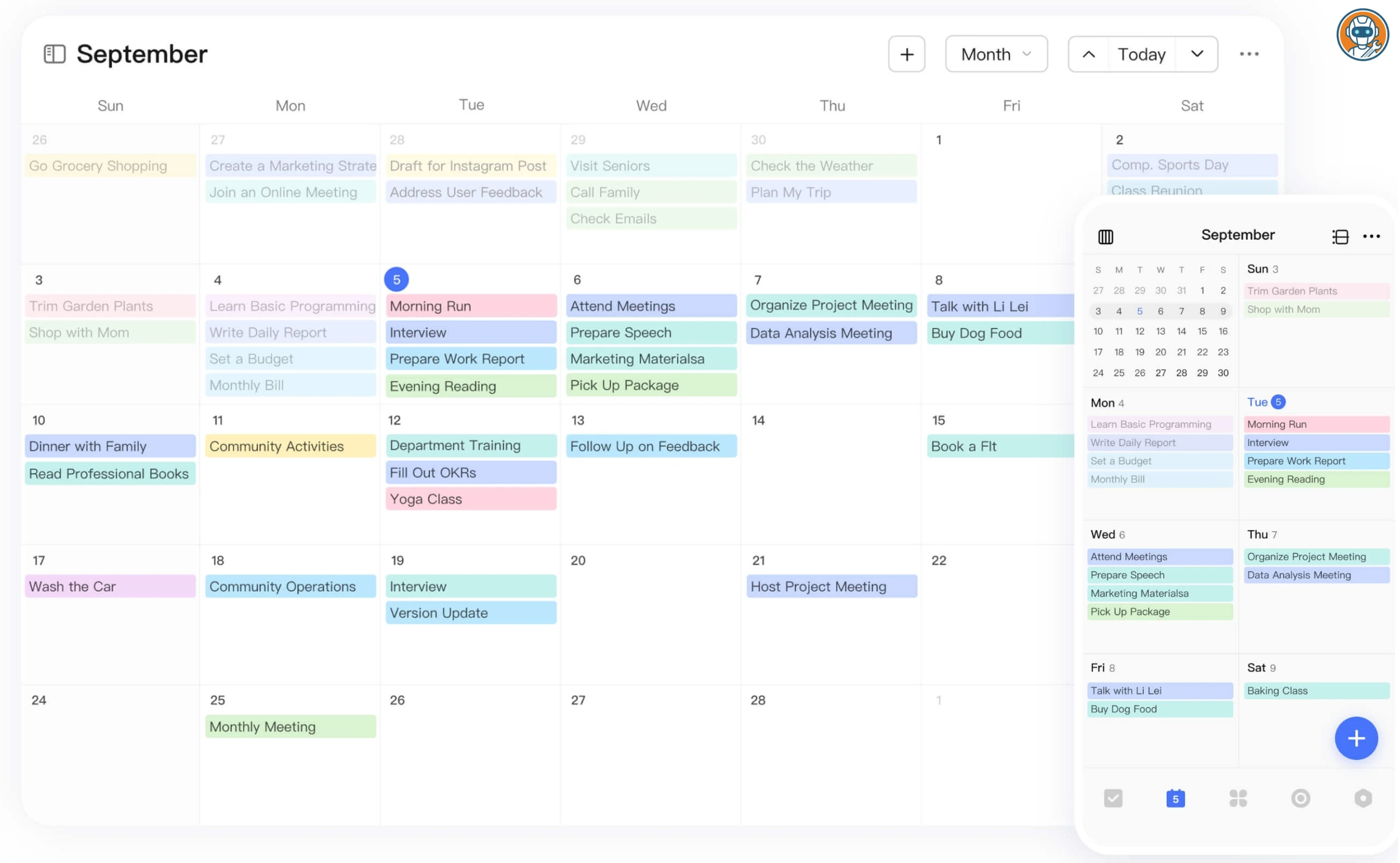 TickTick calendar view showing tasks, events, and habit tracking