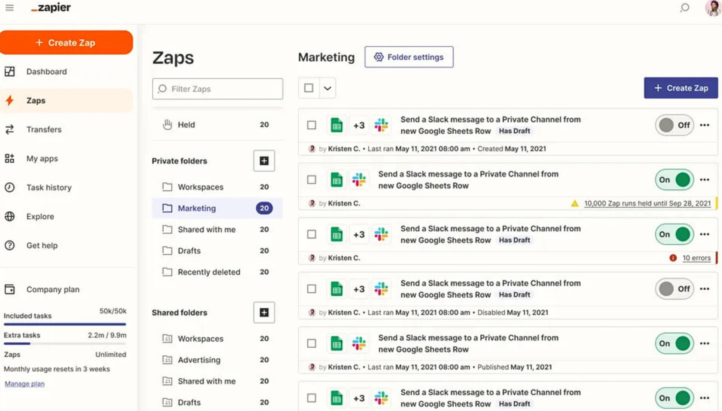 Zapier dashboard showing the Zap editor with a linear automation workflow